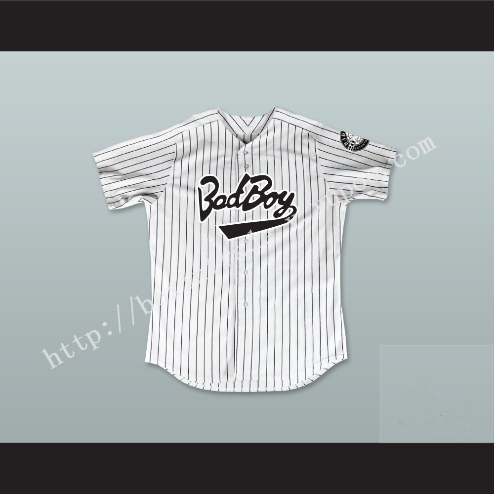 Biggie Smalls 10 Bad Boy Pinstriped Baseball Jersey with 20 Years Patch