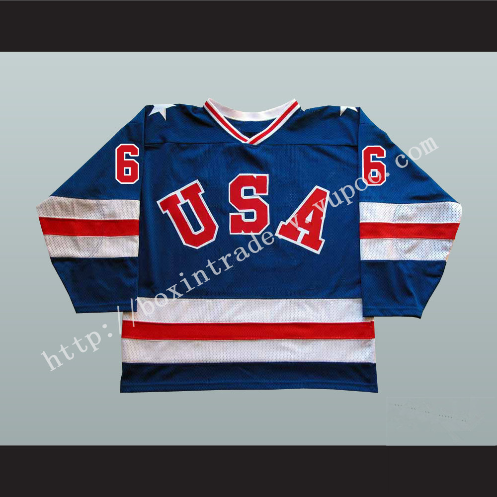 1980 Miracle On Ice Team USA Bill Baker 6 Hockey Jersey Blue