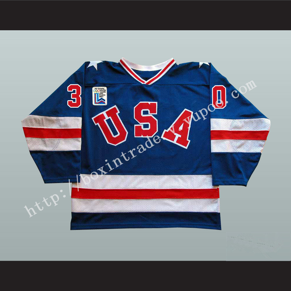 1980 Miracle On Ice Team USA Jim Craig 30 Hockey Jersey Blue with Patch