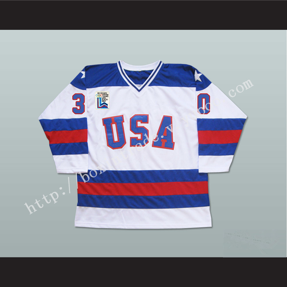 1980 Miracle On Ice Team USA Jim Craig 30 Hockey Jersey White with Patch