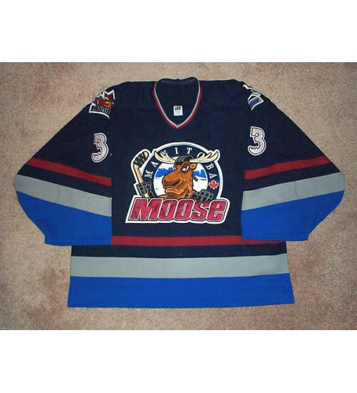 Custom 2001 02 AHL Manitoba Moose 33 Alfie Michaud Hockey Jersey Alternate Dark Blue