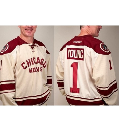 Custom AHL Chicago Wolves 1 Young Hockey Jersey Alternate Beige