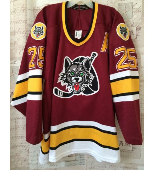 Custom AHL Chicago Wolves 25 Faxel Hockey Jersey Road Burgundy