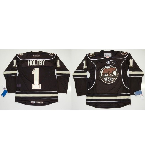 Custom AHL Hershey Bears 1 Brayden Holtby Jersey Premier Washington Capitals Brown