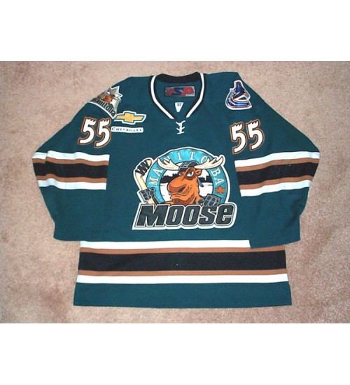 Custom AHL Manitoba Moose 55 Brandon Reid Hockey Jersey Road Blue