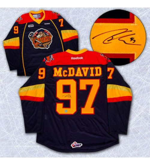 Custom CHL Erie Otters OHL 97 Connor McDavid Authentic Reebok Hockey Jersey Navy