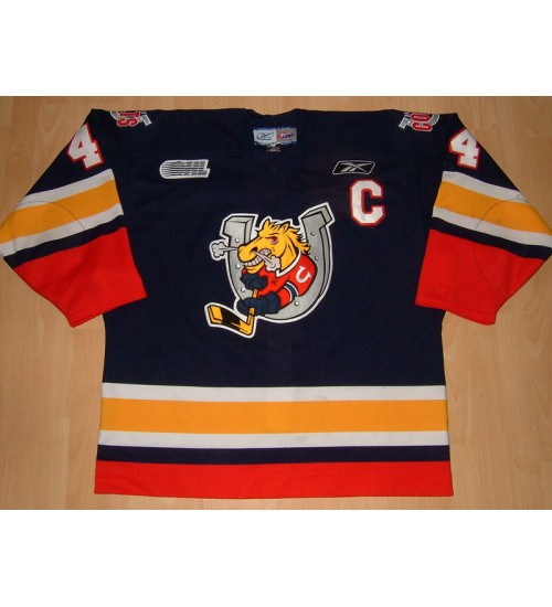 Custom CHL OHL Barrie Colts 44 Crombeen Authentic Hockey Jersey Road Blue