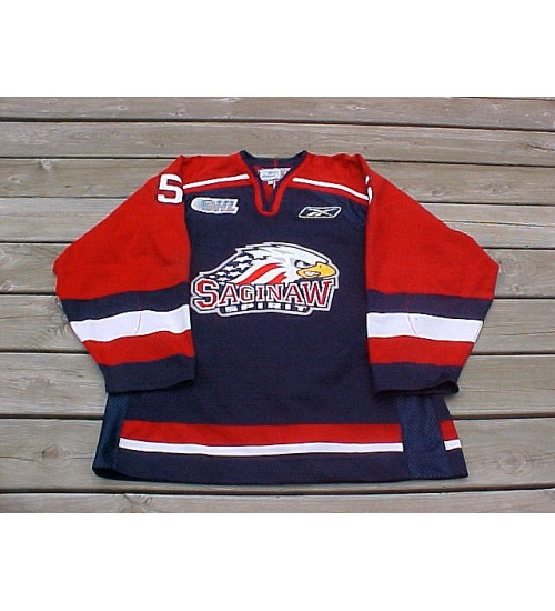 Custom CHL Saginaw Spirit OHL 5 Mannino Authentic Hockey Jersey Road Blue