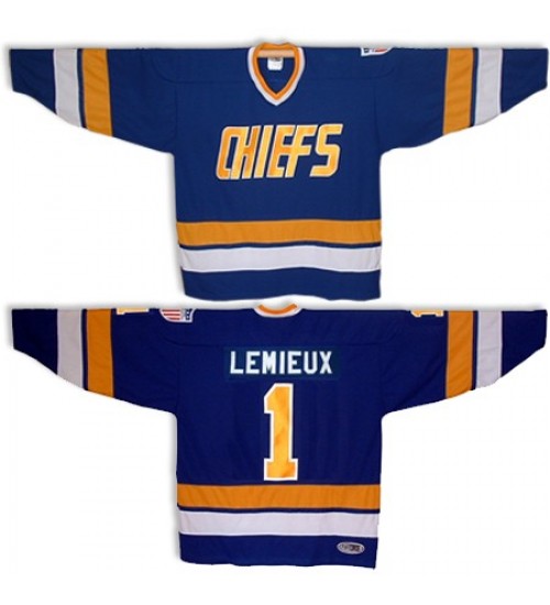 Custom Hanson Brothers Charlestown Chiefs 1 Lemieux Hockey Jersey Blue Slap Shot Movie