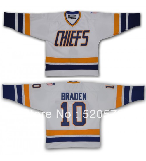 Custom Hanson Brothers Charlestown Chiefs 10 Braden Hockey Jersey White Slap Shot Movie