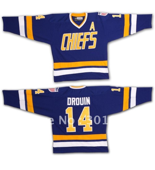 Custom Hanson Brothers Charlestown Chiefs 14 Drouin Hockey Jersey Blue Slap Shot Movie