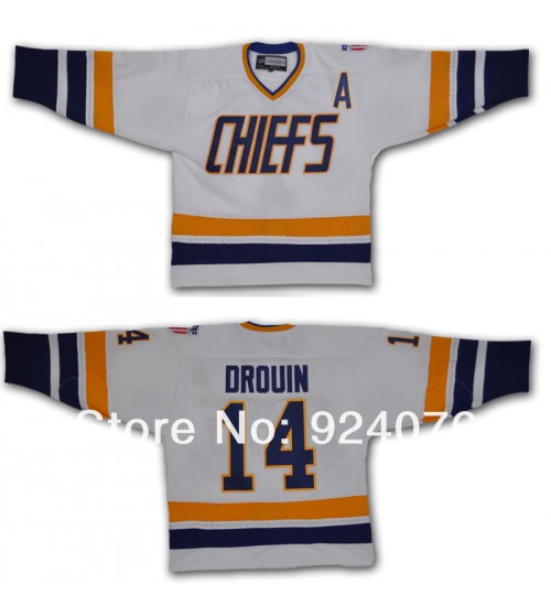 Custom Hanson Brothers Charlestown Chiefs 14 Drouin Hockey Jersey White Slap Shot Movie