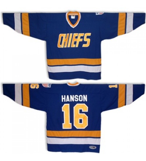 Custom Hanson Brothers Charlestown Chiefs 16 Jack Hanson Hockey Jersey Blue Slap Shot Movie