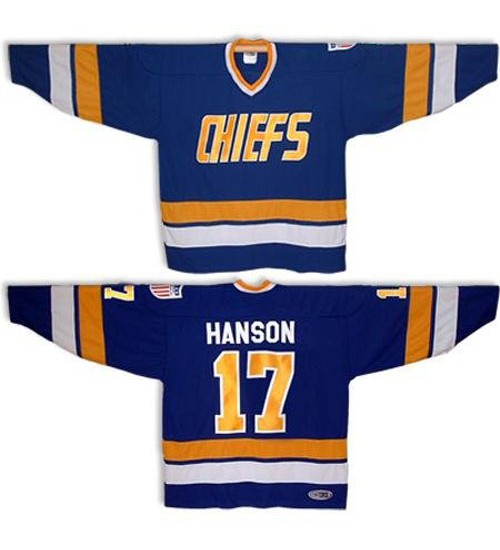 Hanson Brothers Charlestown Chiefs 17 Steve Hanson Hockey Jersey Blue Slap Shot Movie