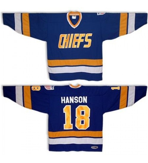 Hanson Brothers Charlestown Chiefs 18 Jeff Hanson Hockey Jersey Blue Slap Shot Movie