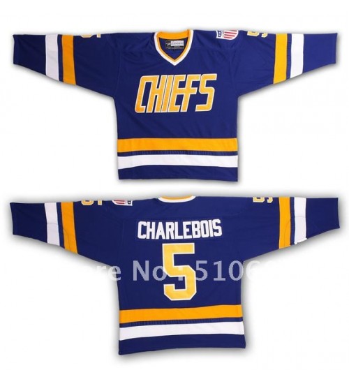 Custom Hanson Brothers Charlestown Chiefs 5 Charlebois Hockey Jersey Blue Slap Shot Movie