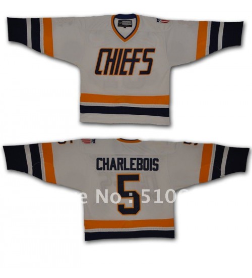 Custom Hanson Brothers Charlestown Chiefs 5 Charlebois Hockey Jersey White Slap Shot Movie