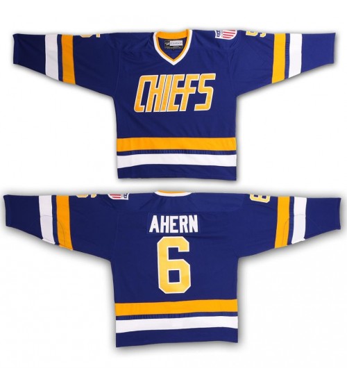 Custom Hanson Brothers Charlestown Chiefs 6 Ahern Hockey Jersey Blue Slap Shot Movie