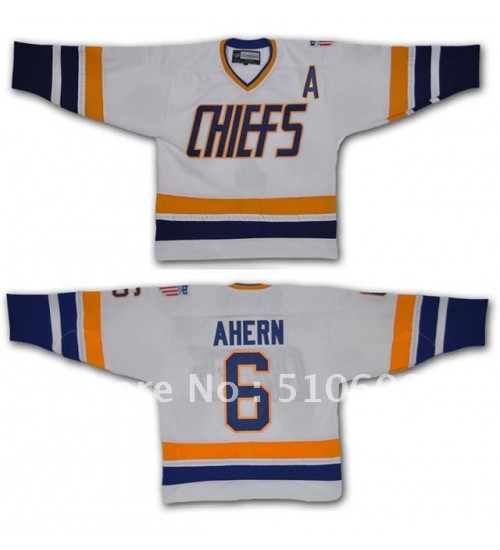 Custom Hanson Brothers Charlestown Chiefs 6 Ahern Hockey Jersey White Slap Shot Movie