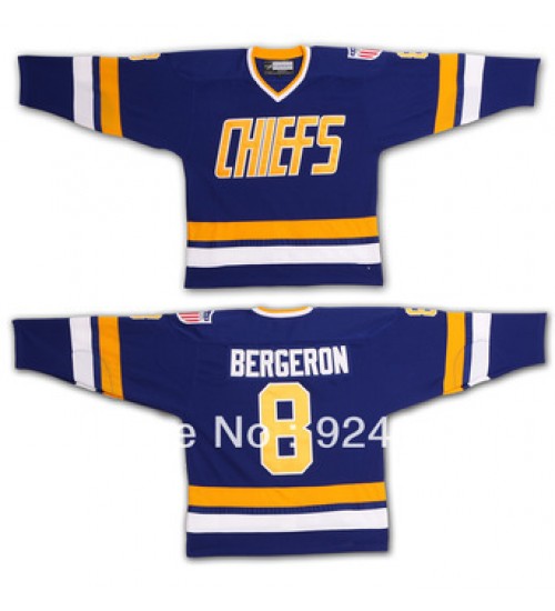 Custom Hanson Brothers Charlestown Chiefs 8 Bergeron Hockey Jersey Blue Slap Shot Movie