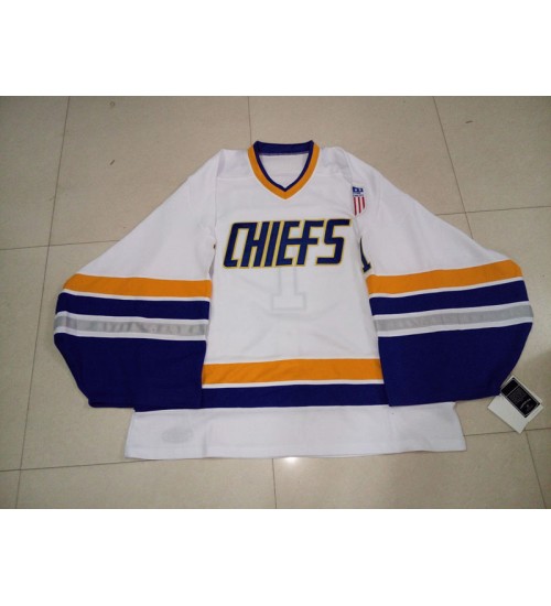 Custom Hanson Brothers Charlestown Chiefs goaltender Hockey Jersey White Slap Shot Movie