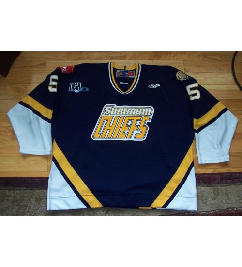 Custom LNAH 2007 08 Summum Chiefs 5 Eric Van Acker Hockey Jersey Blue