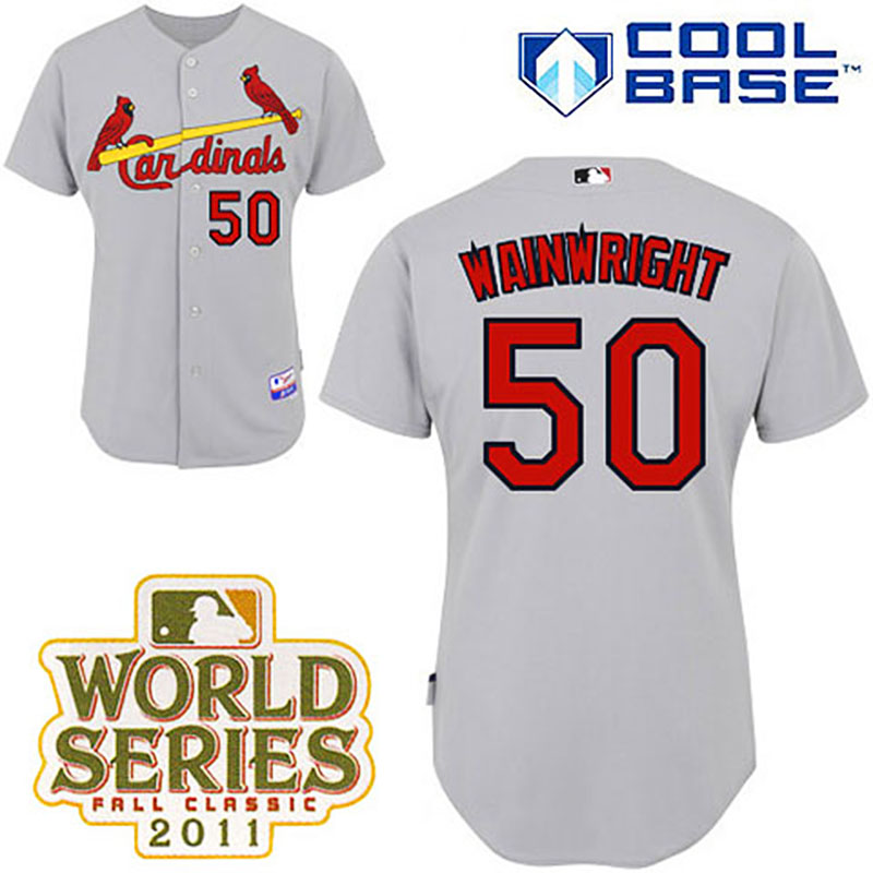 St. Louis Cardinals #50 Adam Wainwright Grey Road Cool Base 2011 World Series Patch Jersey