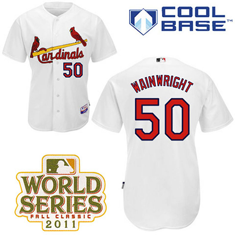 St. Louis Cardinals #50 Adam Wainwright White Home Cool Base 2011 World Series Patch Jersey