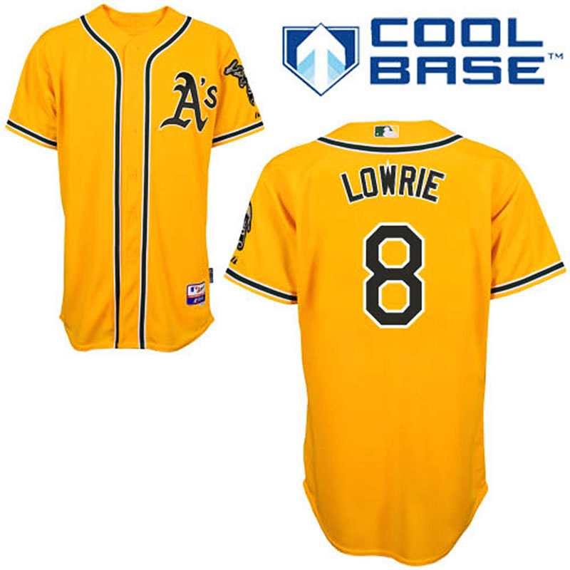 Oakland Athletics #8 Jed Lowrie Men's Authentic Gold Alternate Majestic MLB Cool Base Jersey