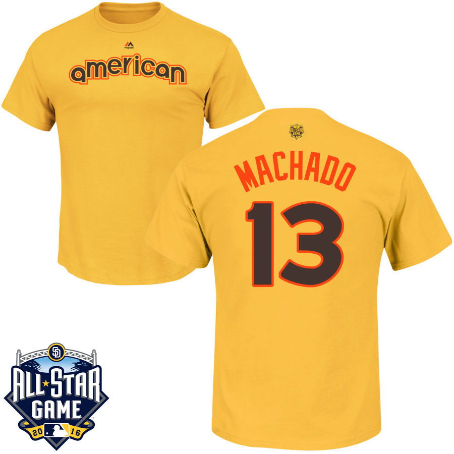 Baltimore Orioles Manny Machado #13 Yellow 2016 MLB All-Star Game American League Name & Number T-Shirt