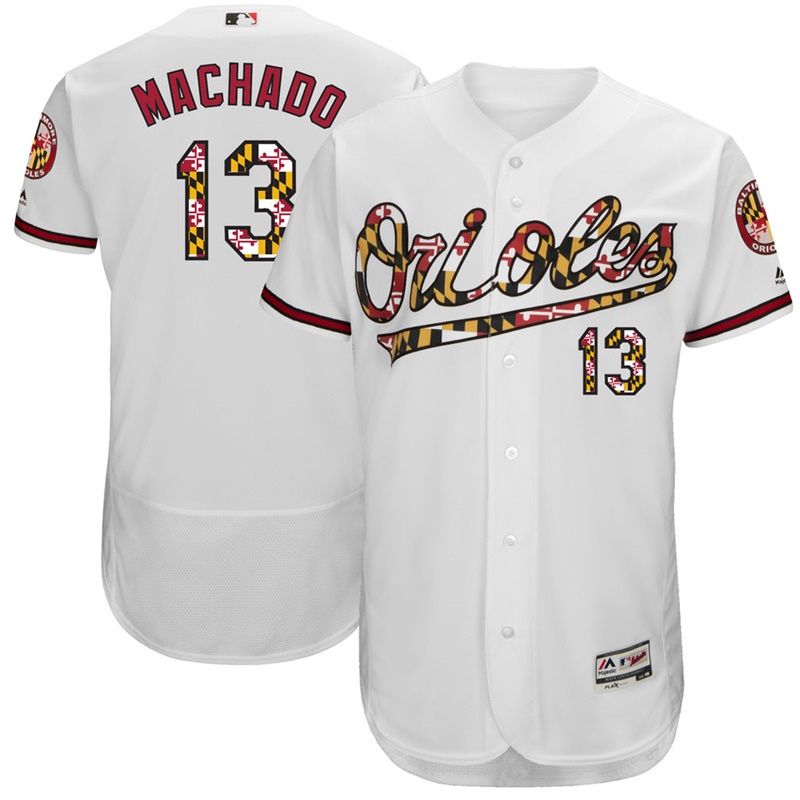 Men Baltimore Orioles Manny Machado #13 White Preakness Flex Base Jersey