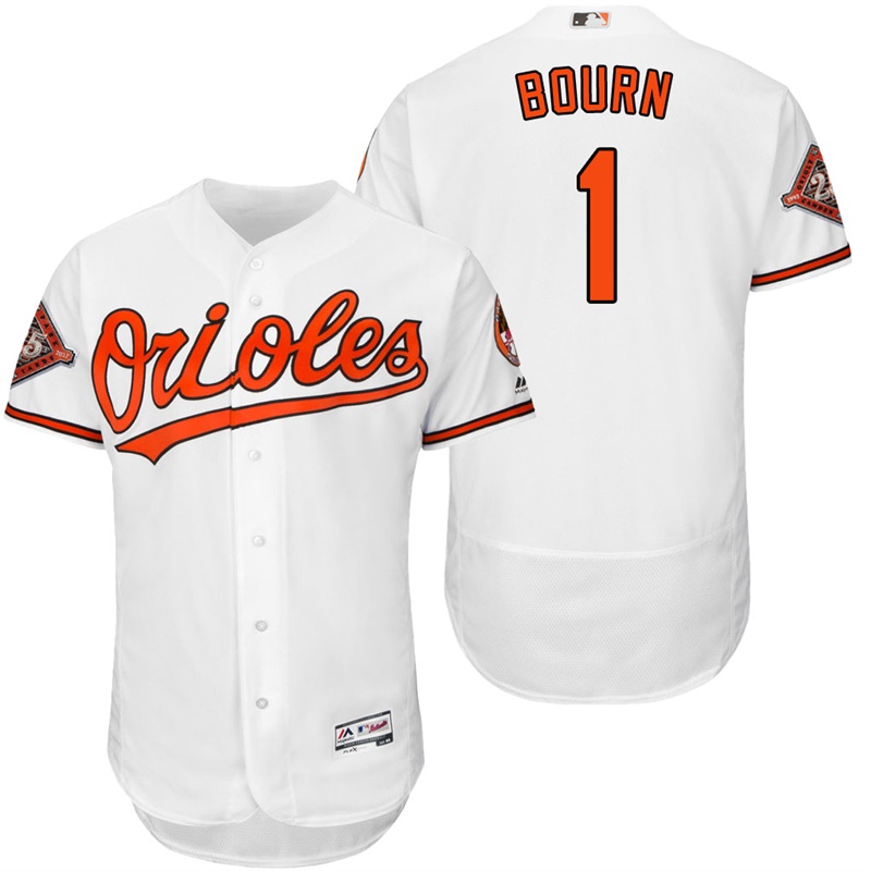 Baltimore Orioles Michael Bourn #1 White On-Field 25th Anniversary Patch Flex Base Jersey