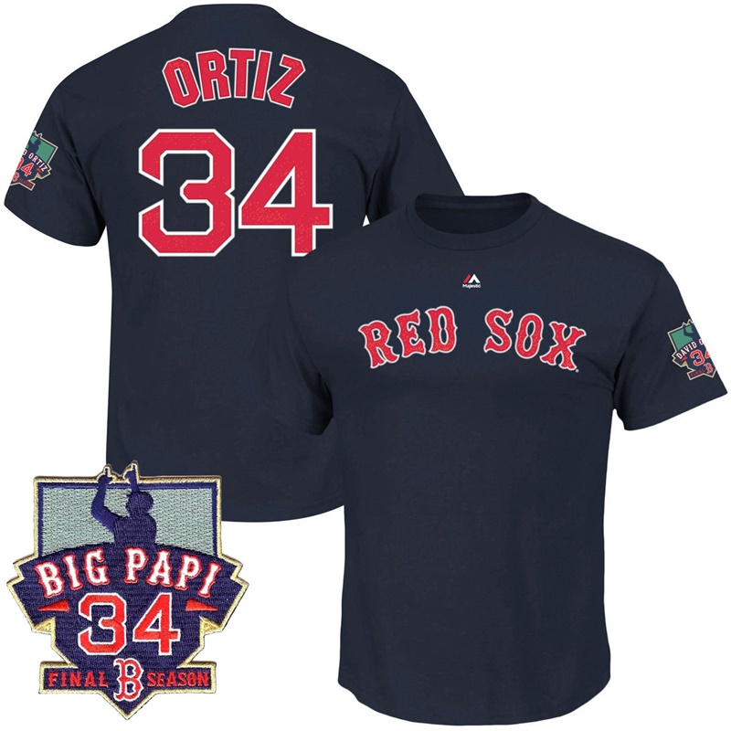 Boston Red Sox #34 David Ortiz Navy Name & Number T-Shirt with Retirement Patch