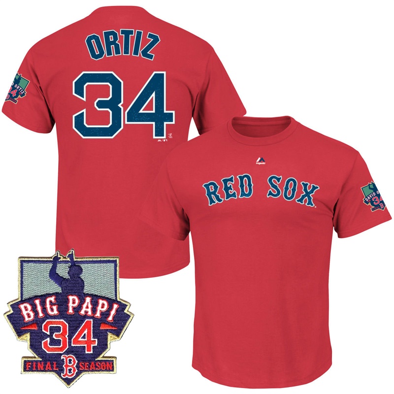 Boston Red Sox #34 David Ortiz Red Name & Number T-Shirt with Retirement Patch