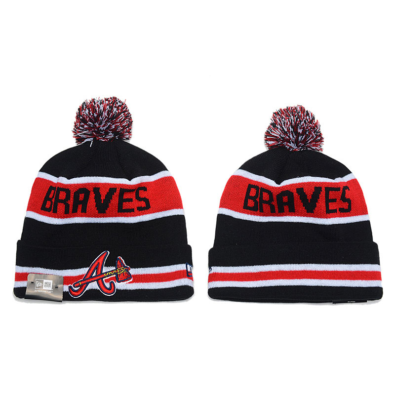 Atlanta Braves Black Red Stripe Cuffed Knit Hat With Pom