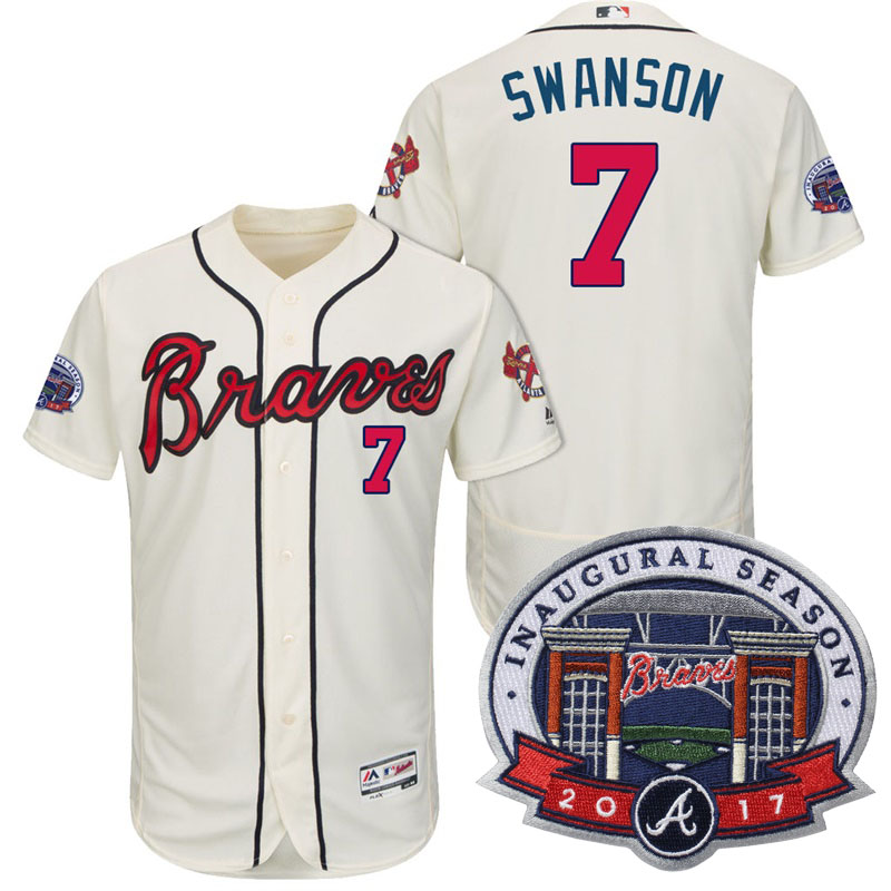 Atlanta Braves #7 Dansby Swanson Cream 2017 Flex Base All-Star Game Patch Jersey