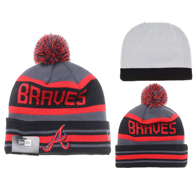 Atlanta Braves Gray Red Stripe Cuffed Knit Hat With Pom