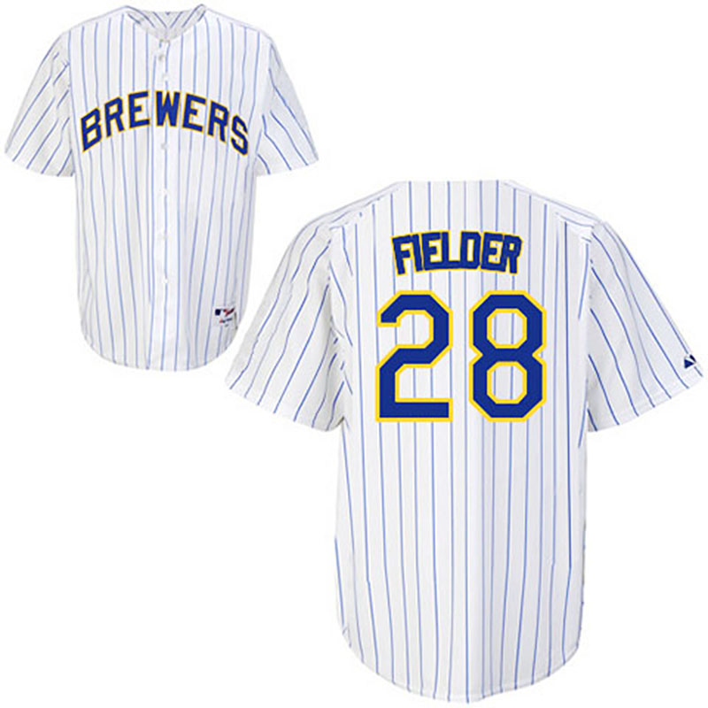 Milwaukee Brewers #28 Prince Fielder White Blue Strip Jersey