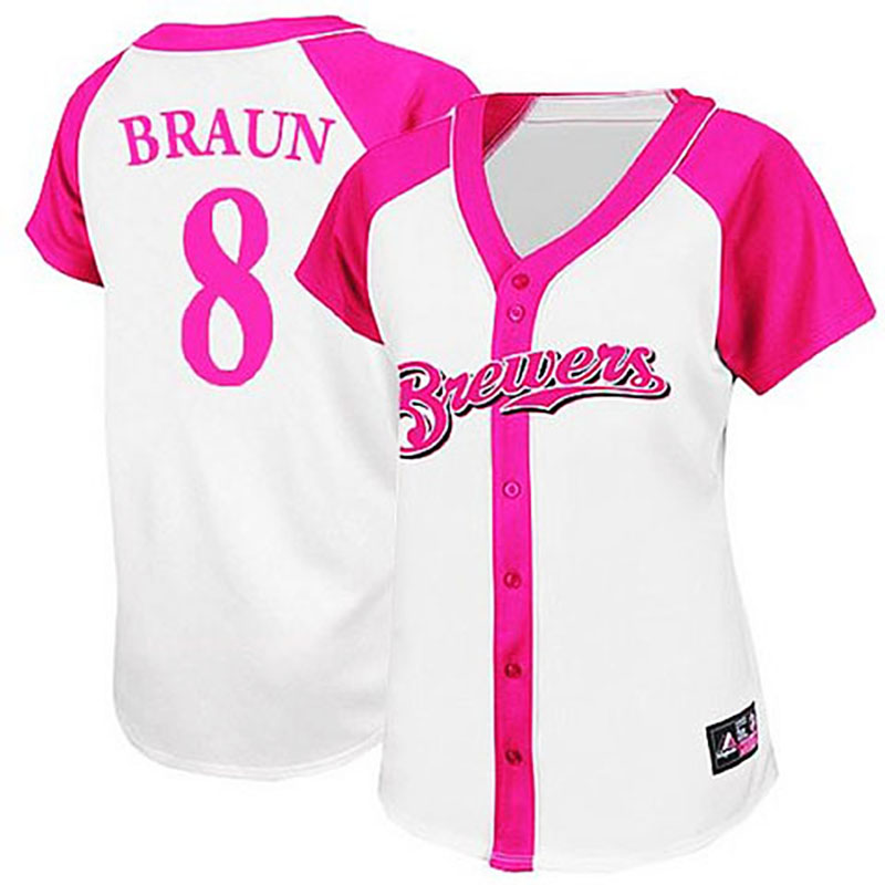 Milwaukee Brewers #8 Ryan Braun White/Pink Women's Splash Fashion Jersey