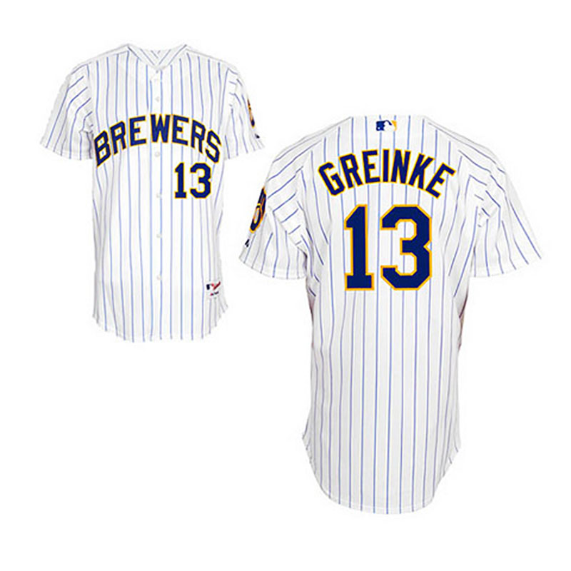 Milwaukee Brewers #13 Zack Greinke White Blue Strip Home Jersey