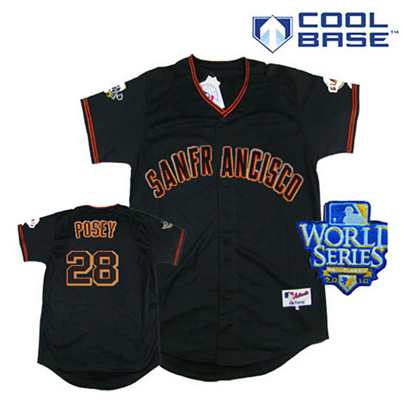 San Francisco Giants #28 Buster Posey Black Cool Base 2010 World Series Patch Jersey