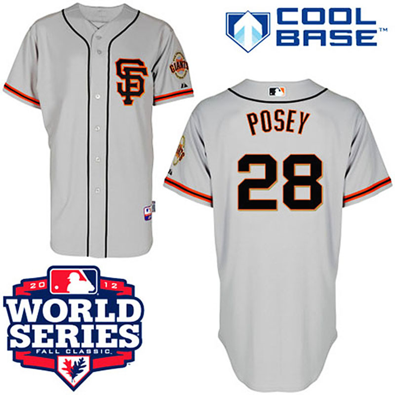 San Francisco Giants #28 Buster Posey Cool Base Road 2 Grey with 2012 World Series Patch Jersey