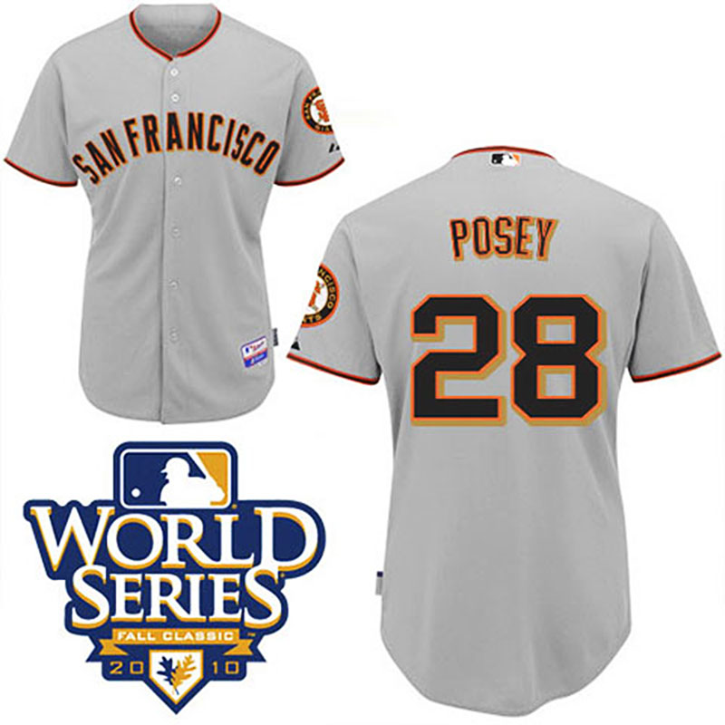 San Francisco Giants #28 Buster Posey Youth Grey 2010 World Series Patch Jersey