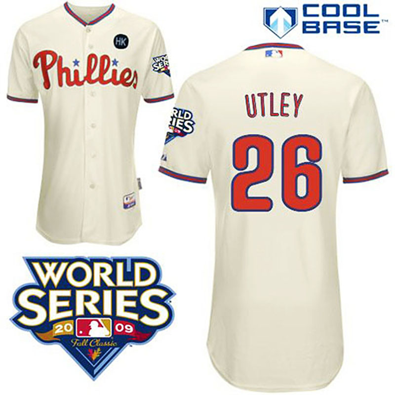 Philadelphia Phillies #26 Chase Utley Cream Man MLB Cool Base with 2009 World Series HK Patch Jersey