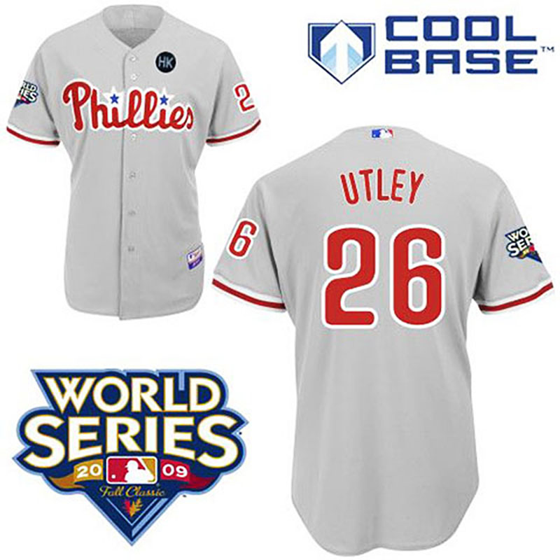 Philadelphia Phillies #26 Chase Utley Grey Man MLB Cool Base with 2009 World Series HK Patch Jersey