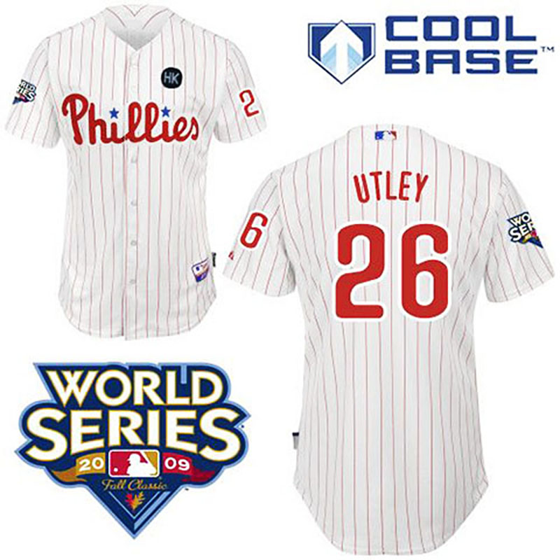 Philadelphia Phillies #26 Chase Utley White Man MLB Cool Base with 2009 World Series HK Patch Jersey