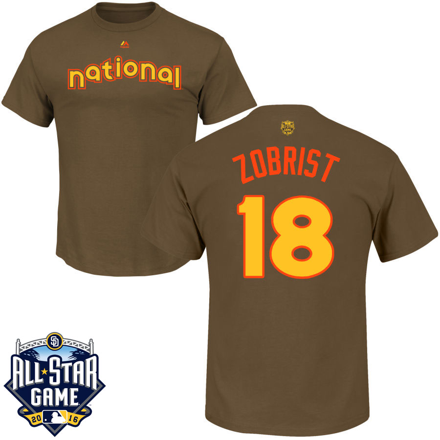 Chicago Cubs Ben Zobrist #18 Brown 2016 MLB All-Star Game National League Name & Number T-Shirt