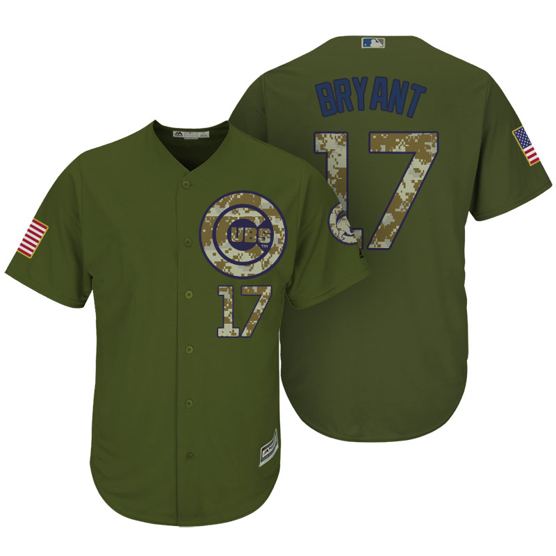 Chicago Cubs #17 Kris Bryant Camo Olive Salute Official Cool Base Player Jersey