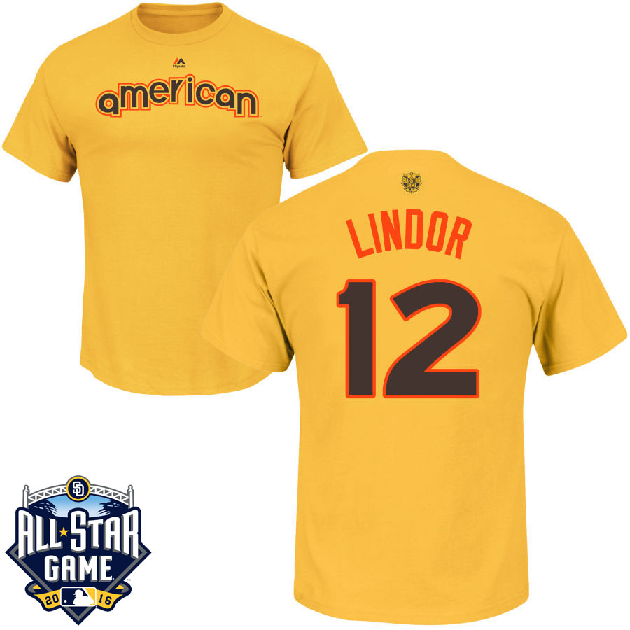 Cleveland Indians Francisco Lindor #12 Yellow 2016 MLB All-Star Game American League Name & Number T-Shirt