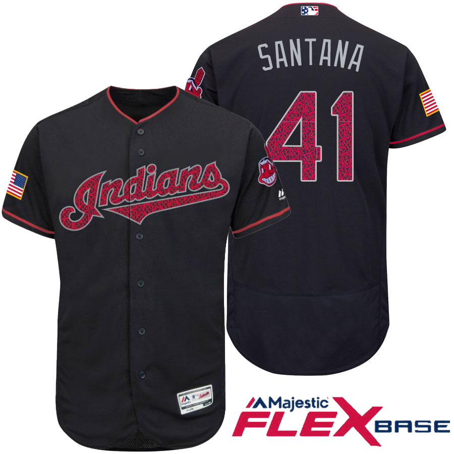 Cleveland Indians #41 Carlos Santana Navy Stars & Stripes 2016 Independence Day Flex Base Jersey